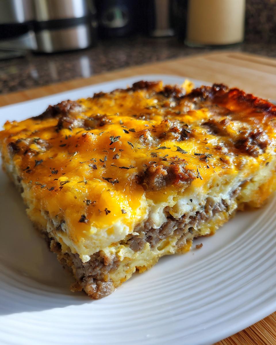 Close-up of a hearty slice of breakfast casserole featuring layers of egg, sausage, and melted cheddar cheese.