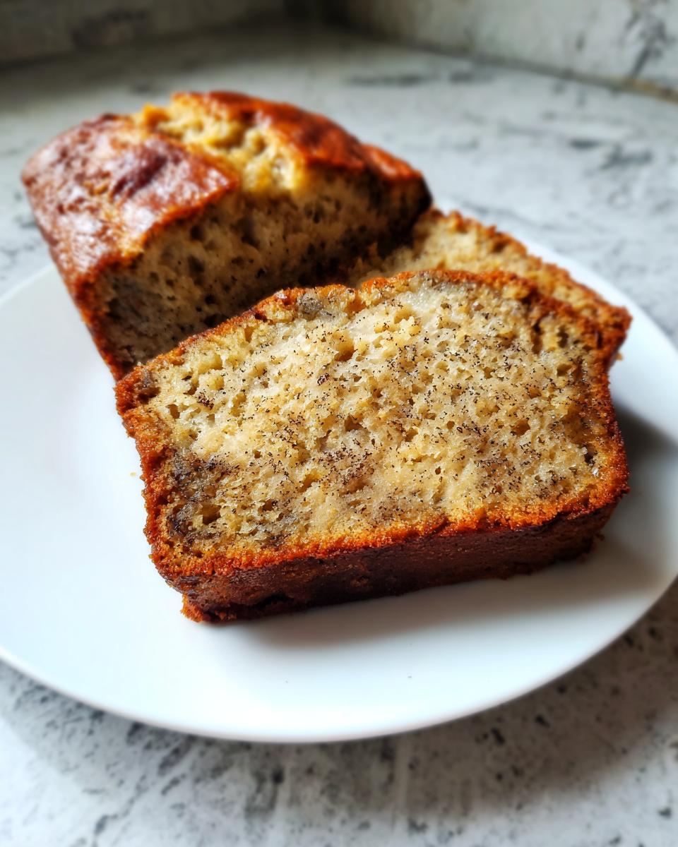 Two slices of moist, golden-brown sugar free banana bread showing dark specks of mashed banana on a white plate.