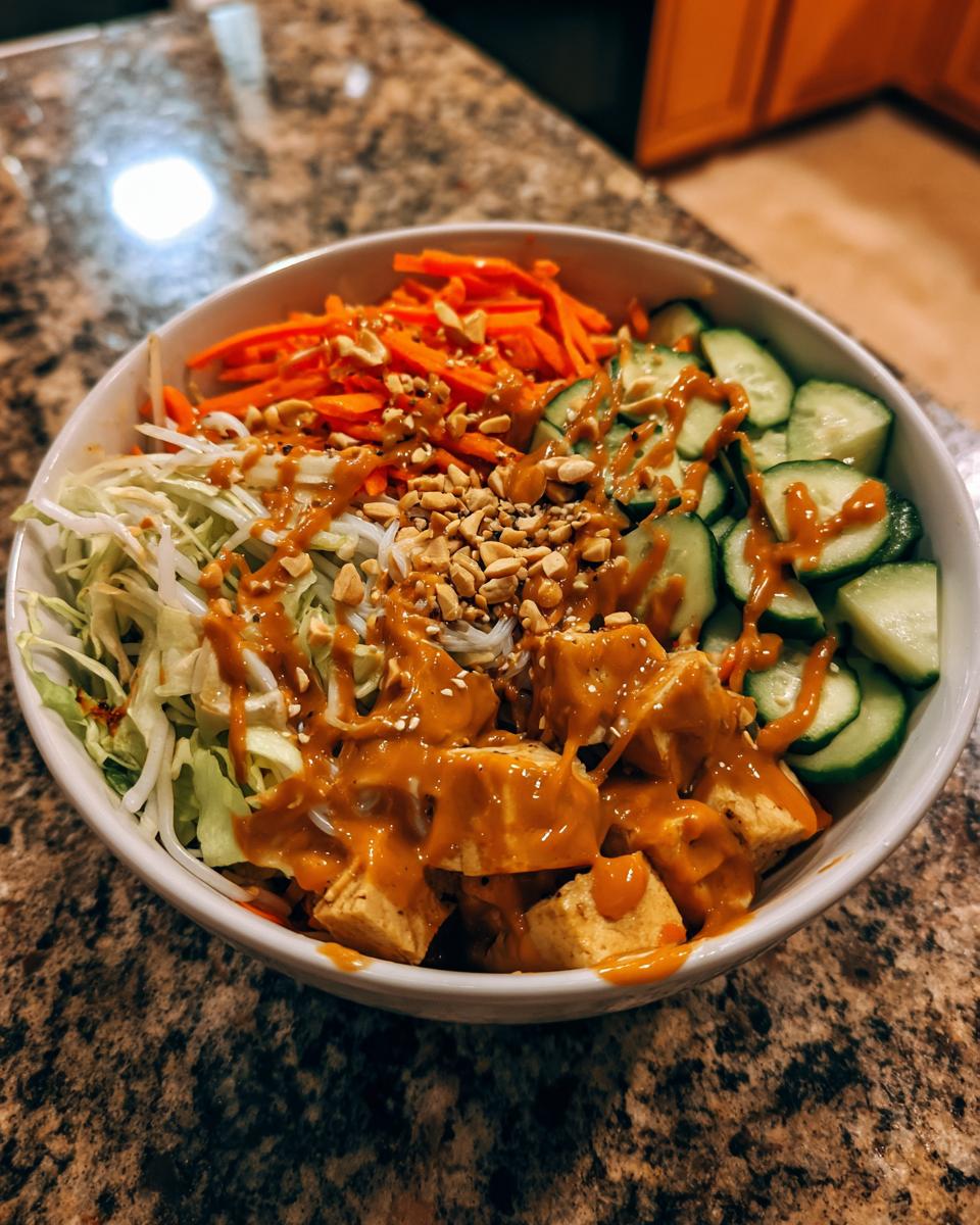 A close-up of a vibrant spring roll salad bowl featuring tofu, shredded carrots, cucumbers, noodles, and a generous drizzle of peanut sauce.