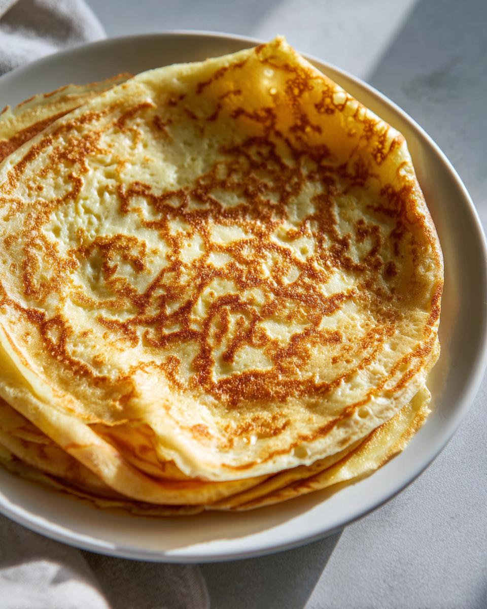 Close-up of a stack of golden brown, thin cottage cheese wraps on a white plate.
