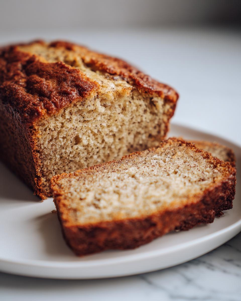 A close-up of a freshly baked sugar free banana bread loaf with one slice cut and resting beside it on a white plate.