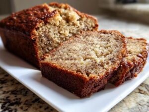 Close-up of a freshly baked loaf of sugar free banana bread, with two thick slices cut and resting on a white platter.