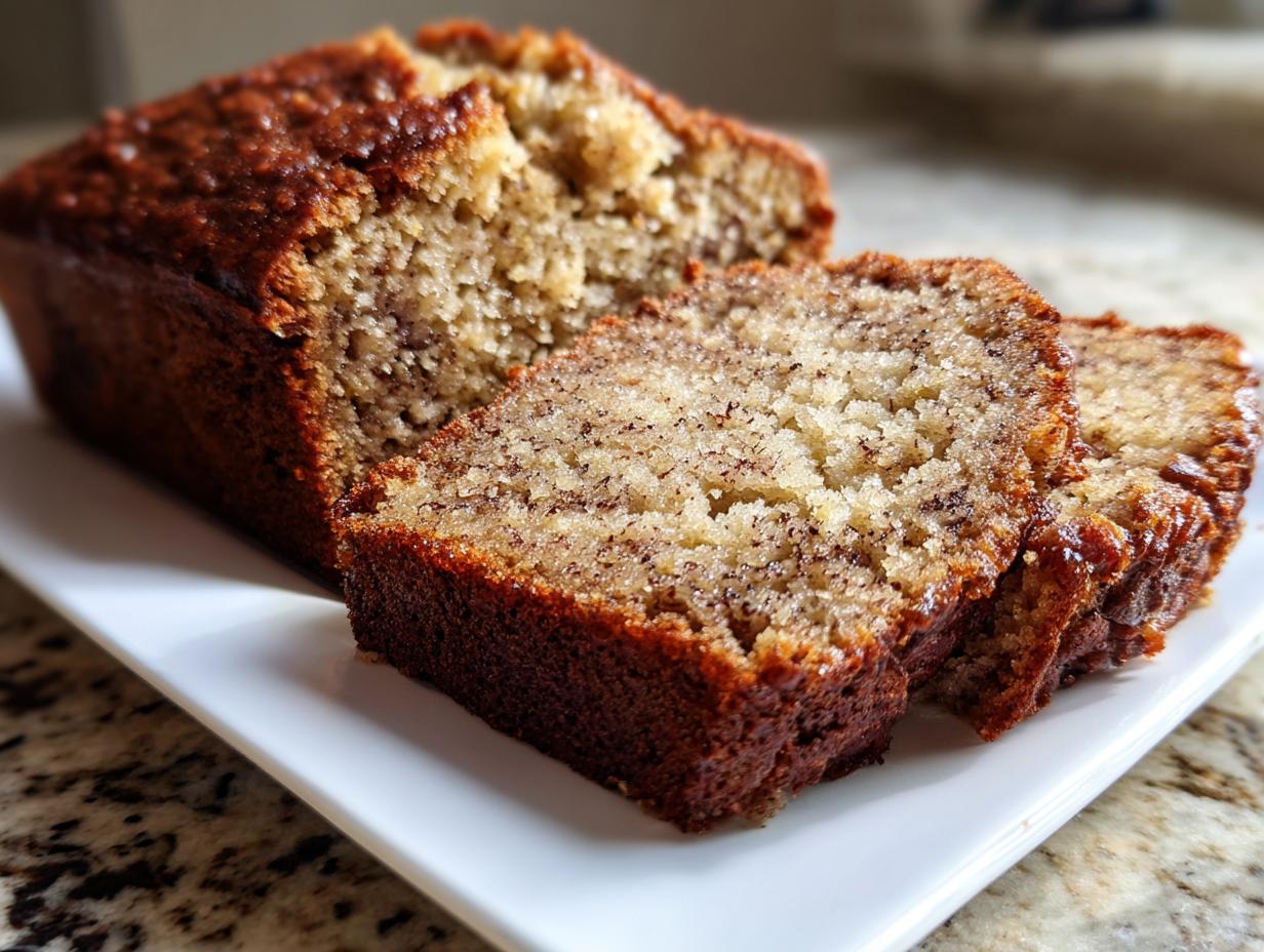 Close-up of a freshly baked loaf of sugar free banana bread, with two thick slices cut and resting on a white platter.
