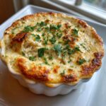 Close-up of a bubbly, baked hot crab dip in a white ramekin, topped with melted cheese and fresh parsley.