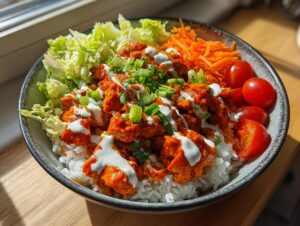 Close-up of a vibrant buffalo chicken bowl served over white rice with lettuce, carrots, tomatoes, and ranch dressing.