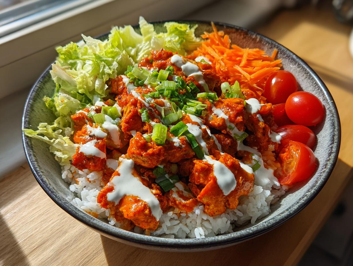 Close-up of a vibrant buffalo chicken bowl served over white rice with lettuce, carrots, tomatoes, and ranch dressing.