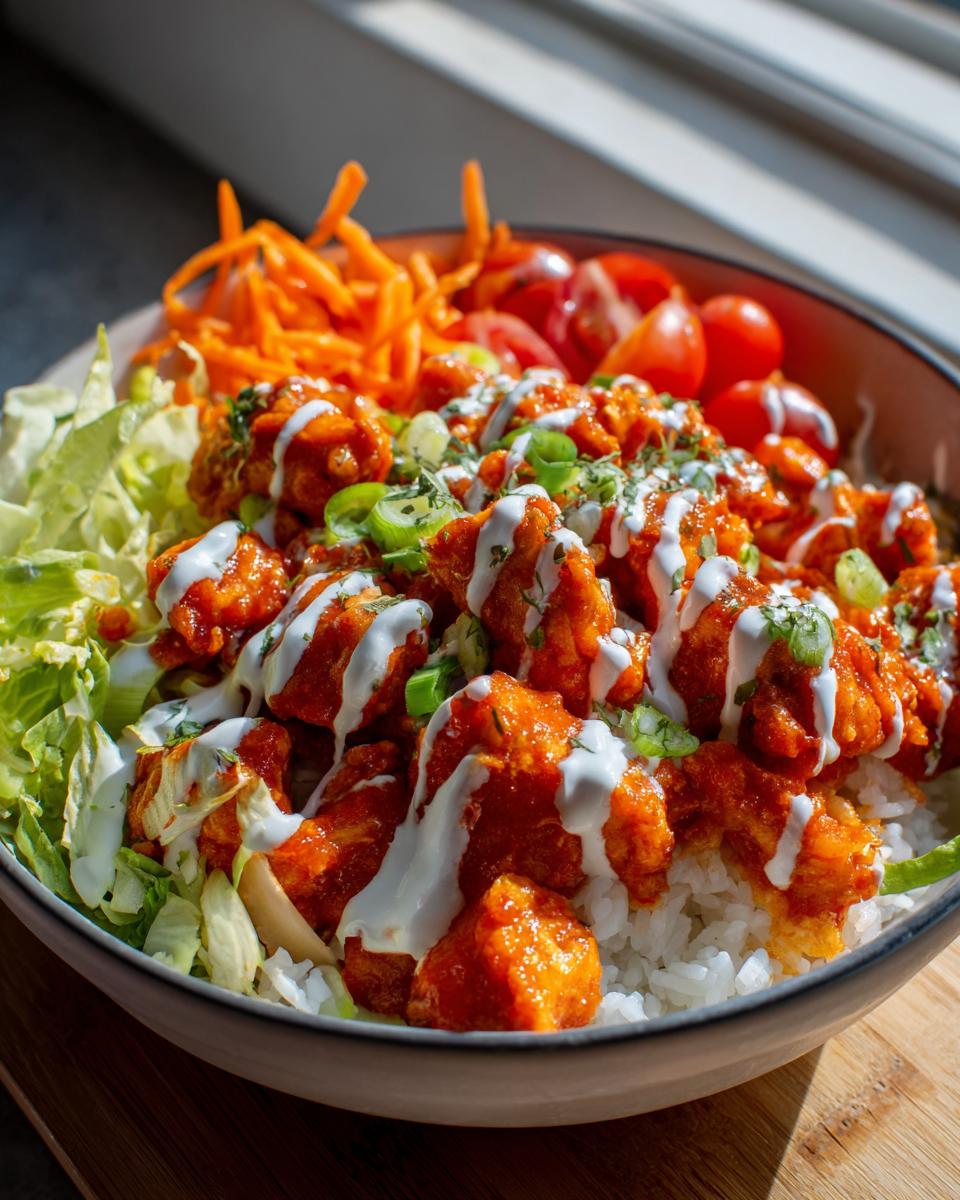 A vibrant buffalo chicken bowl featuring saucy chicken pieces over rice, drizzled with ranch, and topped with lettuce, carrots, and tomatoes.