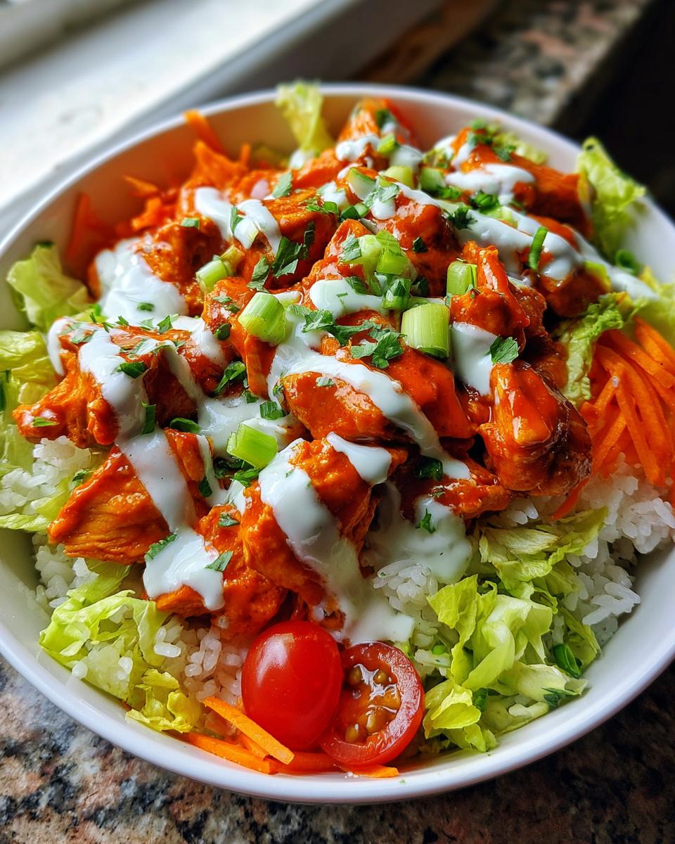 A vibrant buffalo chicken bowl featuring saucy chicken pieces over rice, topped with ranch dressing, green onions, and fresh lettuce.