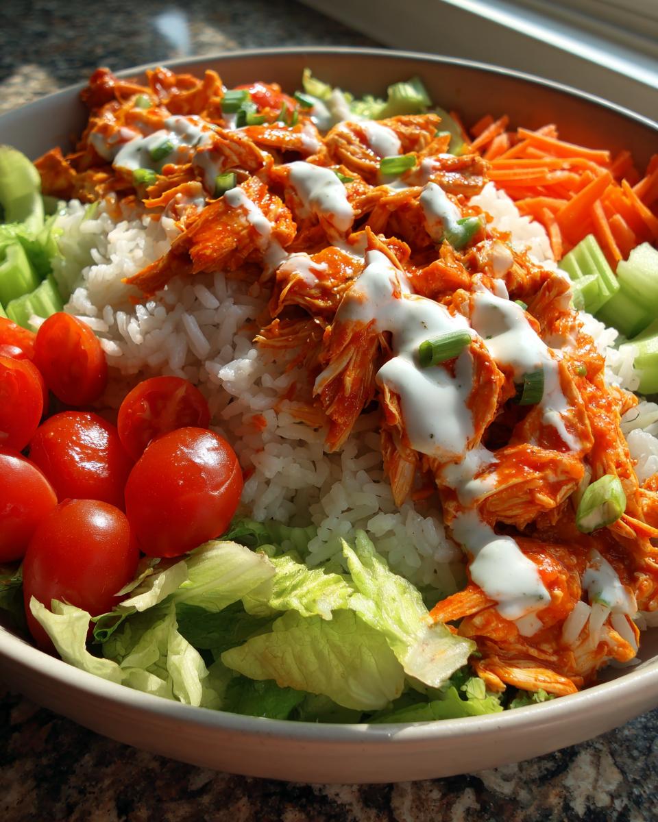 A close-up view of a colorful buffalo chicken bowl featuring shredded orange buffalo chicken over white rice, topped with ranch dressing and green onions.